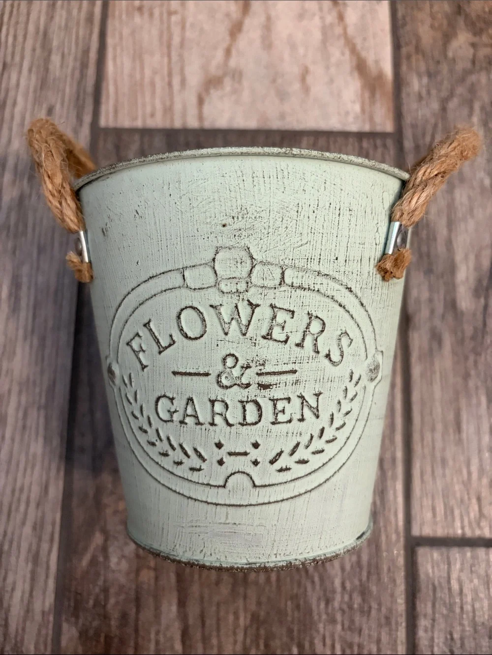 Set of 3 Light Green 'Flowers & Garden' Metal Buckets with Rope Handles